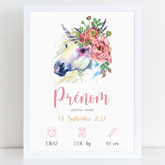 Affiche / Poster de naissance bébé - Licorne