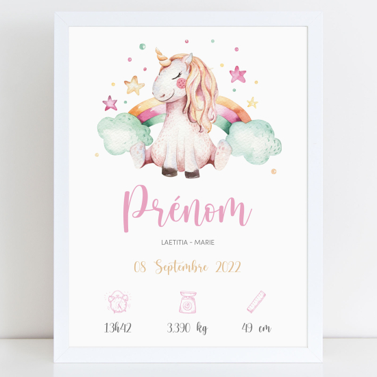 Affiche / Poster de naissance bébé - Licorne arc-en-ciel