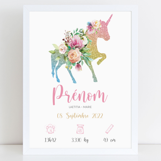 Affiche / Poster de naissance bébé - Licorne paillettes