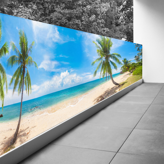 Brise vue Trompe l'œil - 120x450 cm - Plage mer palmiers