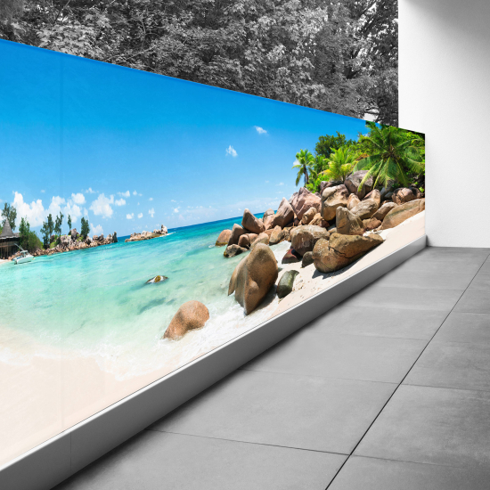 Brise vue Trompe l'œil - 120x480 cm - Vue plage mer palmiers