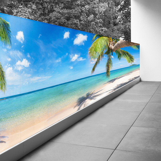 Brise vue Trompe l'œil - 120x510 cm - Plage mer palmiers