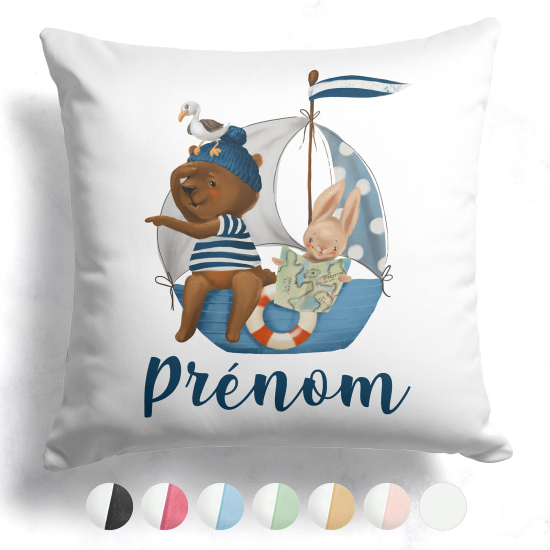 Coussin bicolore personnalisé - Animaux sur bateau