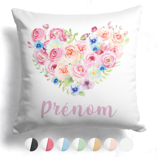 Coussin bicolore personnalisé - Coeur fleurs