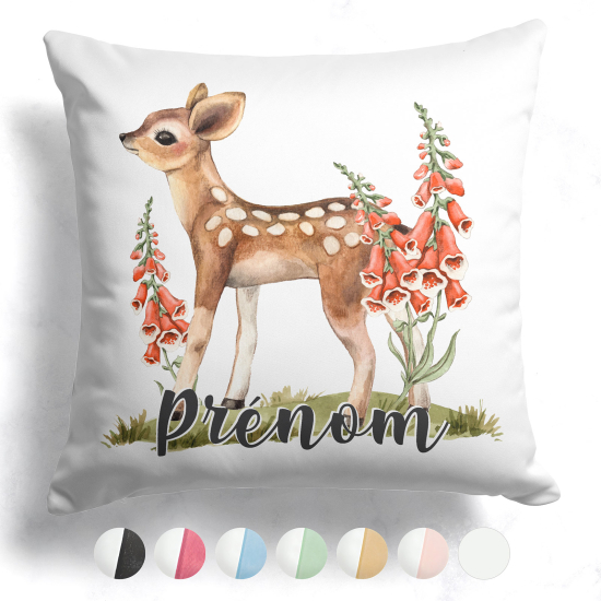 Coussin bicolore personnalisé - Faon fleurs