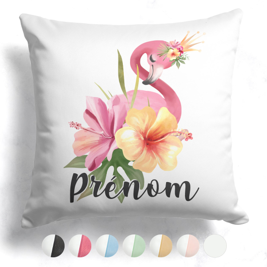 Coussin bicolore personnalisé - Flamant rose fleurs