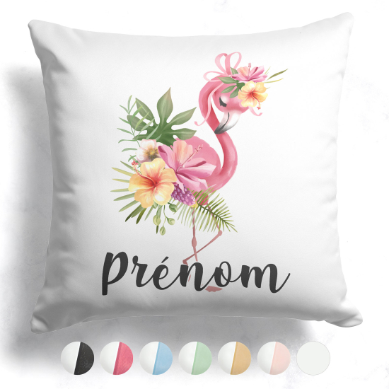 Coussin bicolore personnalisé - Flamant rose fleurs