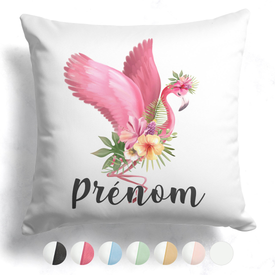 Coussin bicolore personnalisé - Flamant rose fleurs