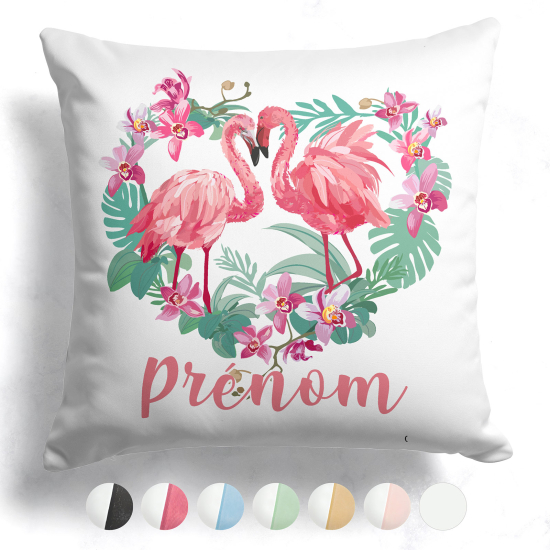 Coussin bicolore personnalisé - Flamants roses coeur