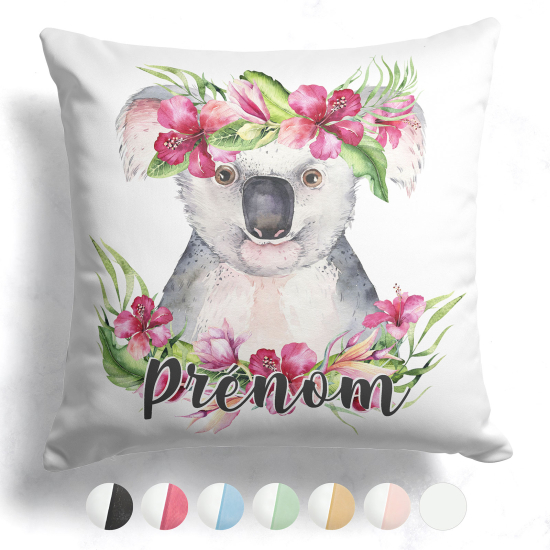 Coussin bicolore personnalisé - Koala fleurs