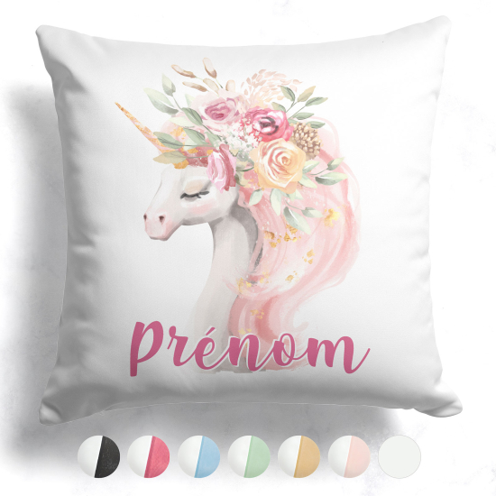 Coussin bicolore personnalisé - Licorne fleurs