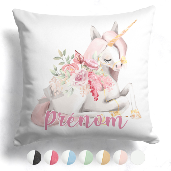 Coussin bicolore personnalisé - Licorne fleurs