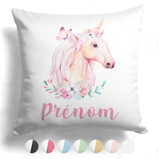 Coussin bicolore personnalisé - Licorne fleurs