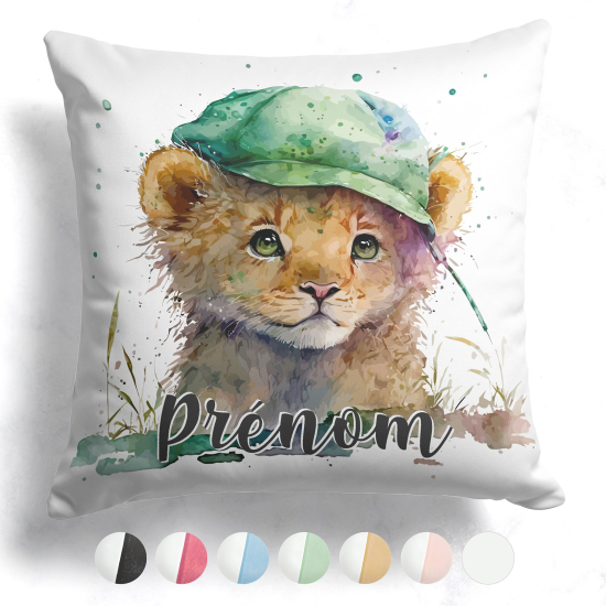 Coussin bicolore personnalisé - Lionceau avec casquette