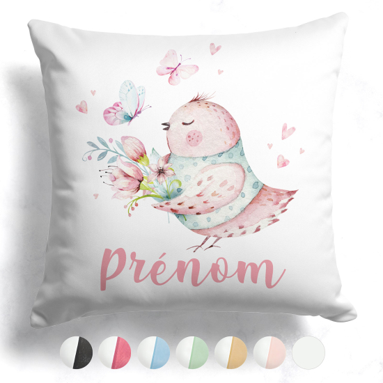 Coussin bicolore personnalisé - Oiseau fleurs