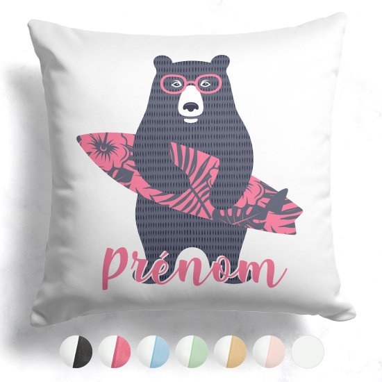 Coussin bicolore personnalisé - Ours surfeur