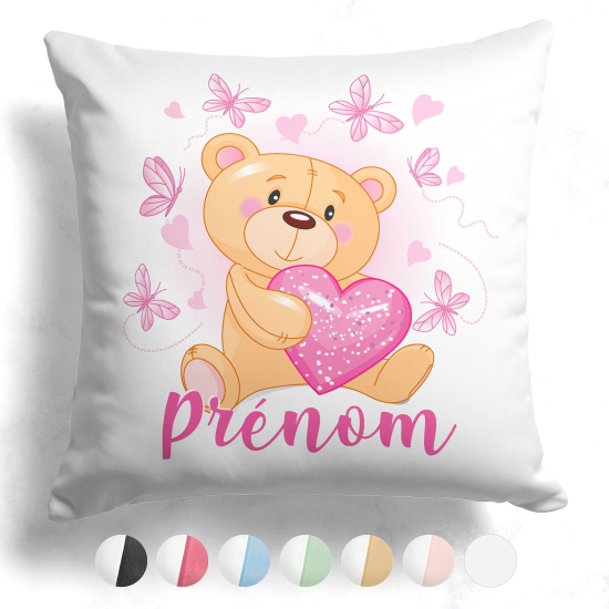 Coussin bicolore personnalisé - Ourson coeur