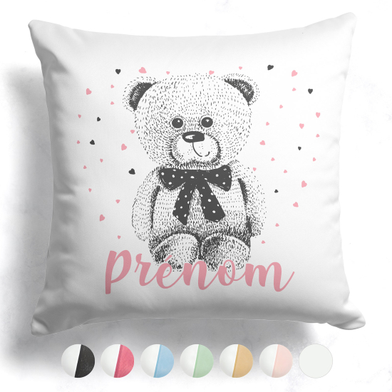 Coussin bicolore personnalisé - Oursons coeurs