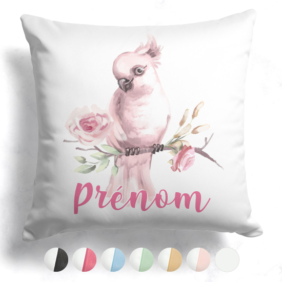 Coussin bicolore personnalisé - Perroquet fleurs