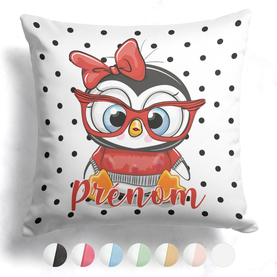 Coussin bicolore personnalisé - Pingouin à lunettes