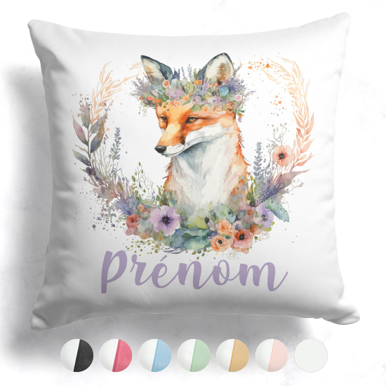 Coussin bicolore personnalisé - Renard fleurs