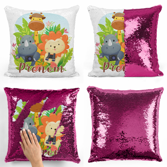 Coussin sequins personnalisé - Animaux de la jungle