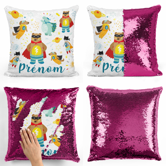 Coussin sequins personnalisé - Animaux super-héros