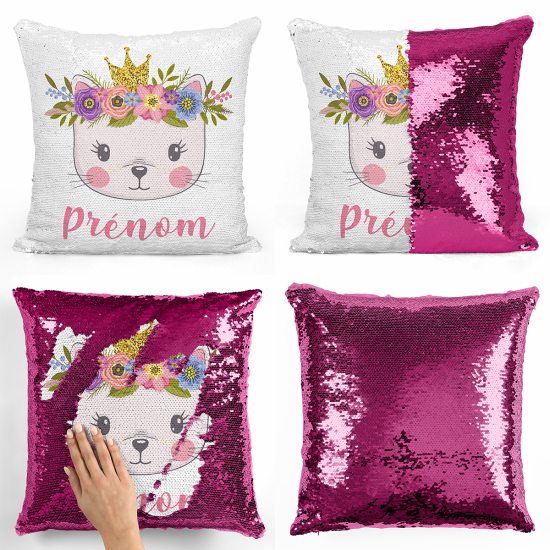 Coussin sequins personnalisé - Chaton princesse