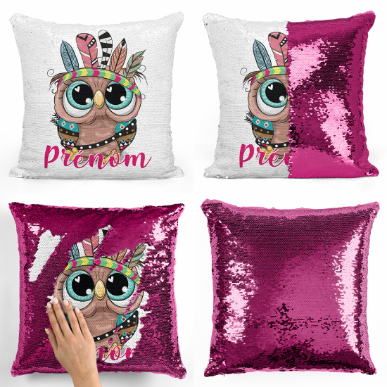 Coussin sequins personnalisé - Hibou indien