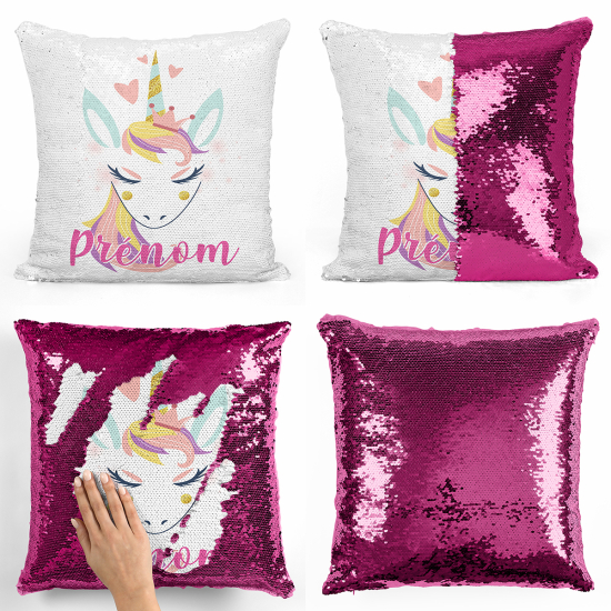 Coussin sequins personnalisé - Licorne coeurs