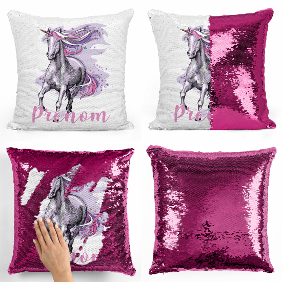 Coussin sequins personnalisé - Licorne violette