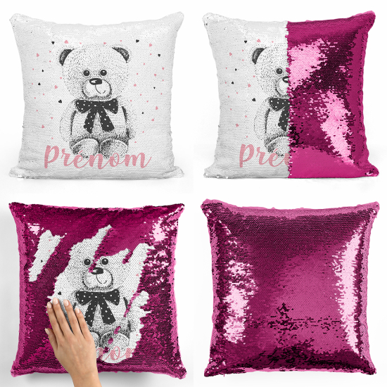 Coussin sequins personnalisé - Ourson coeurs