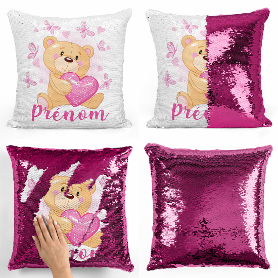 Coussin sequins personnalisé - Ourson coeurs