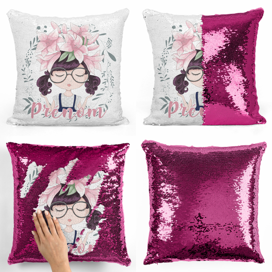 Coussin sequins personnalisé - Petite fille fleurs