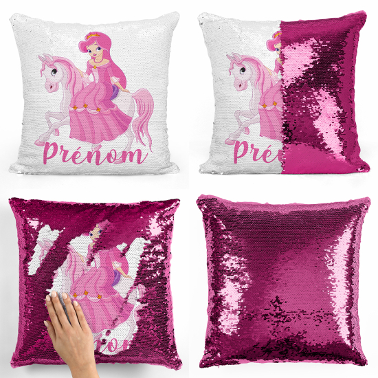 Coussin sequins personnalisé - Princesse à cheval