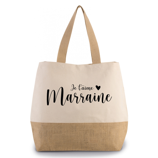 Grand Sac Coton et Jute - Je t'aime marraine