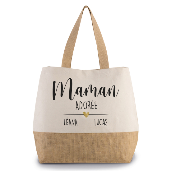 Grand Sac Coton et Jute - Maman adorée Prénom