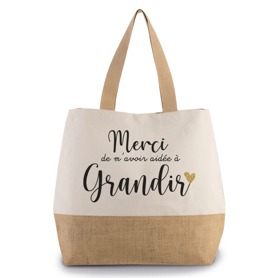 Grand Sac Coton et Jute - Merci de m'avoir aidée a grandir