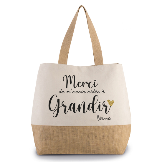 Grand Sac Coton et Jute - Merci de m'avoir aidée a grandir Prénom