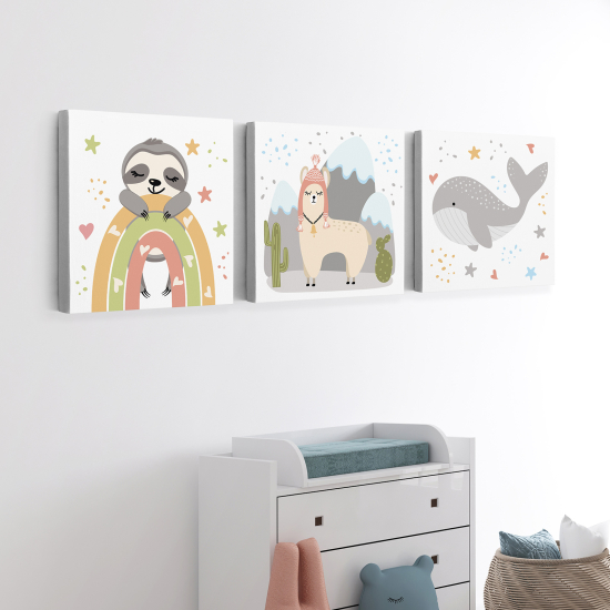 Lot de 3 Tableaux sur toile Triptyque Enfants - Animaux