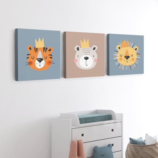 Lot de 3 Tableaux sur toile Triptyque Enfants - Animaux Rois