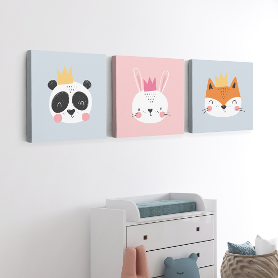 Lot de 3 Tableaux sur toile Triptyque Enfants - Animaux Rois