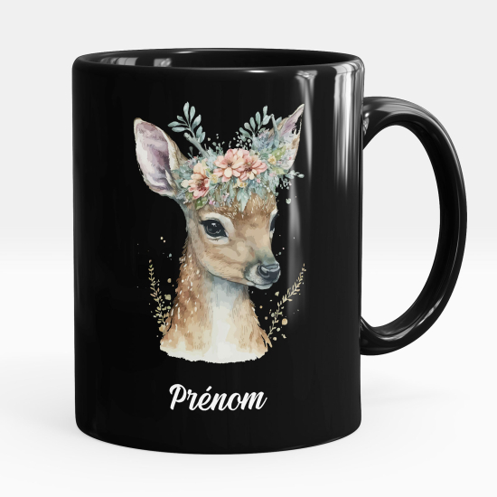 Mug - Tasse personnalisée Noir intégral - Faon fleurs