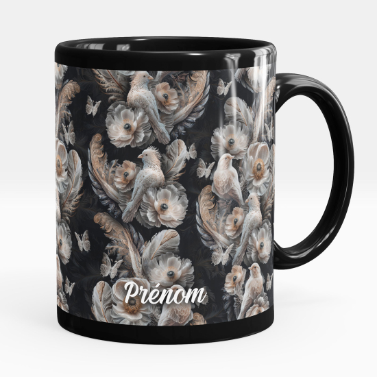 Mug - Tasse personnalisée Noir intégral - Oiseaux plumes