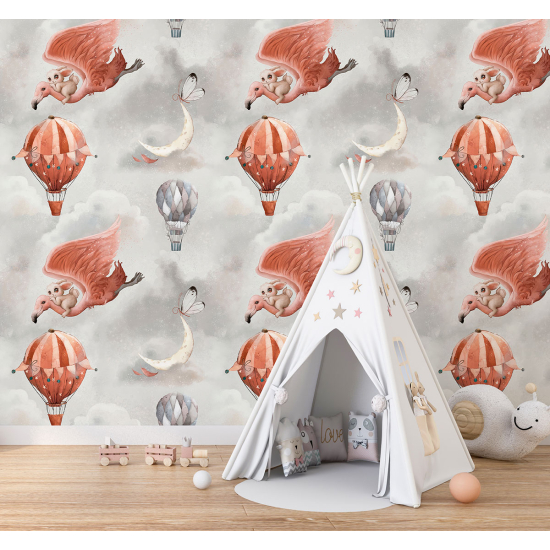 Papier peint motif XL Enfants - Montgolfières Flamants Roses