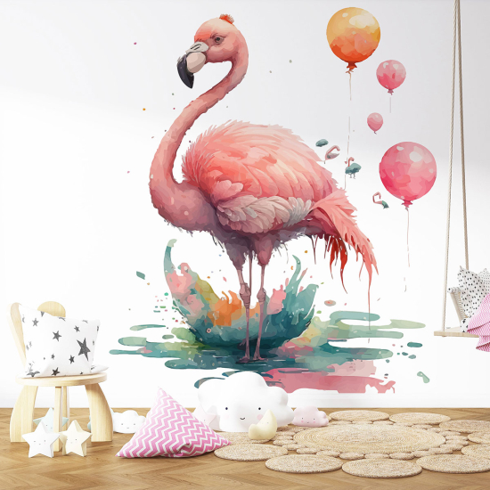 Papier peint panoramique Enfants - Flamant rose ballons