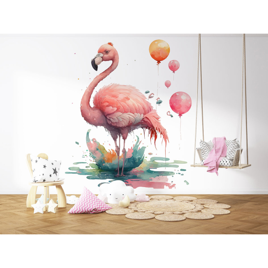 Papier peint panoramique Enfants - Flamant rose ballons