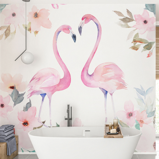 Papier peint - Flamants roses Aquarelle