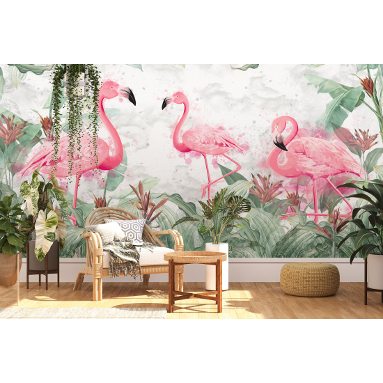 Papier peint - Flamant rose Fleurs - 715