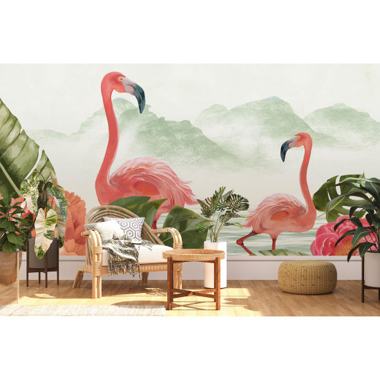 Papier peint - Flamant rose Fleurs - 870